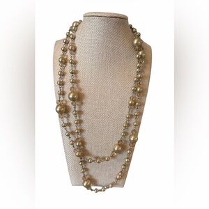 #655 Long Gold-Tone Faux Pearl & Crystal Beaded Necklace - Layering Necklace
